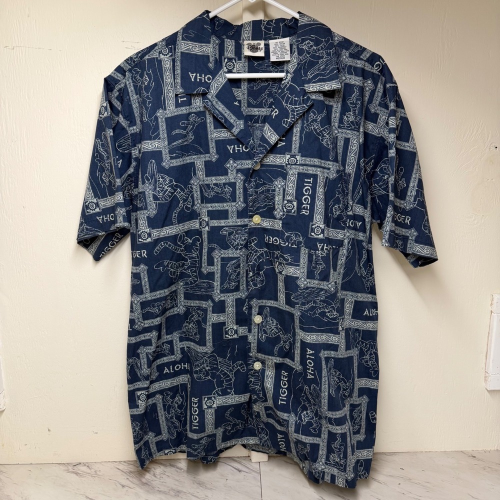 Vintage Disney Catalog Tigger Aloha Shirt Mens Medium Navy Cotton Button Down